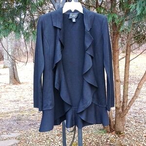St. John Caviar Cascading Ruffle Open Front Black Knit Sweater Jacket EUC Size 4